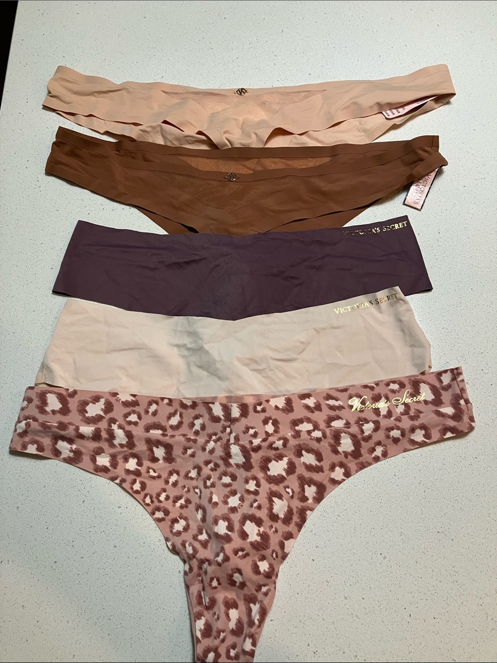 5 Victoria's Secret Thong Set - Leopard Print, Mauve, Cream, Brown, Blush size l